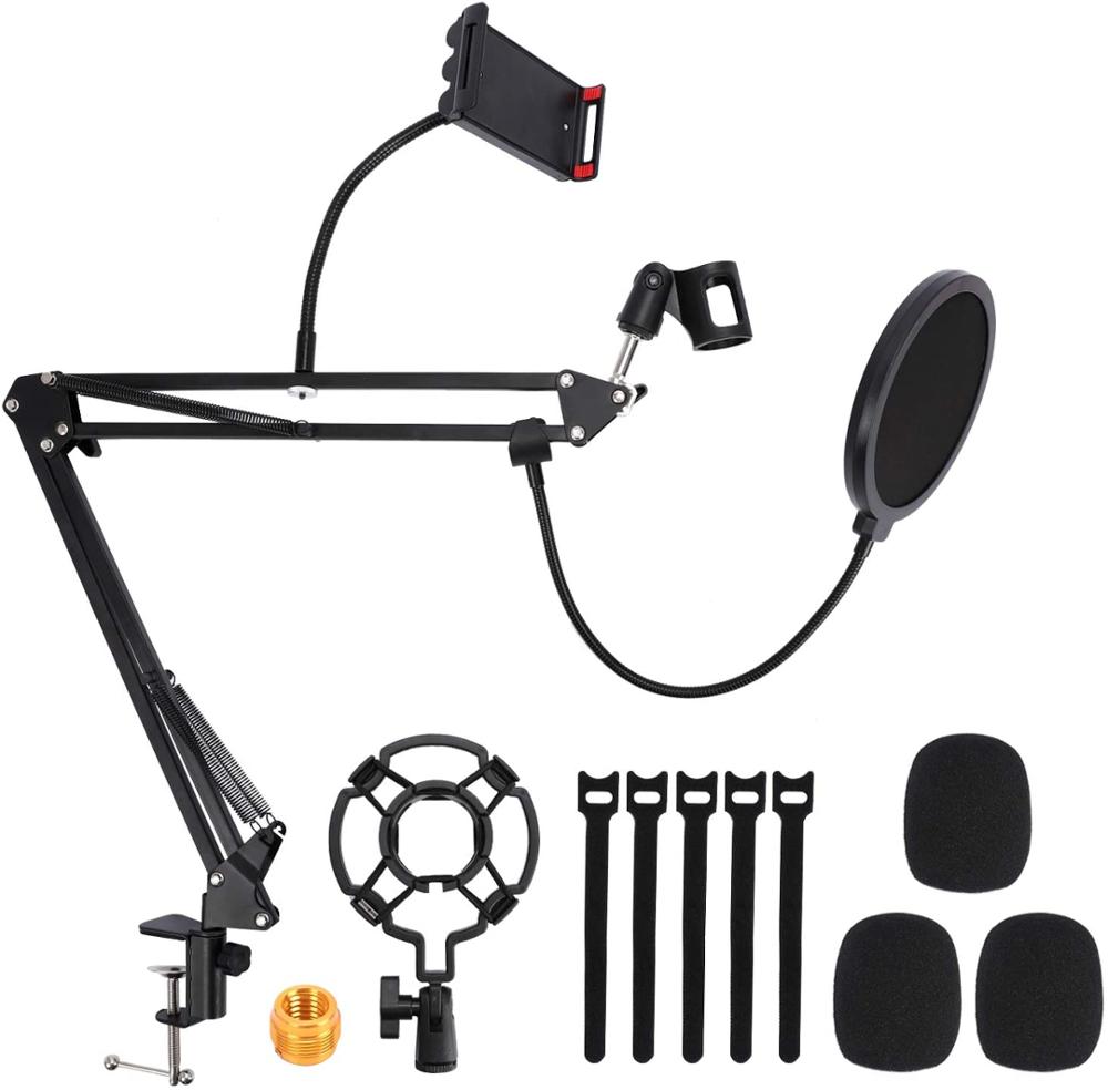 Mic Arm Stehen, Mikrofon Schreibtisch Boom Einstellbar Suspension Schere Stehen mit Telefon Halfter, Für Blau, Yeti, schneeball &Ampere; Andere Mikrofone: Schwarz