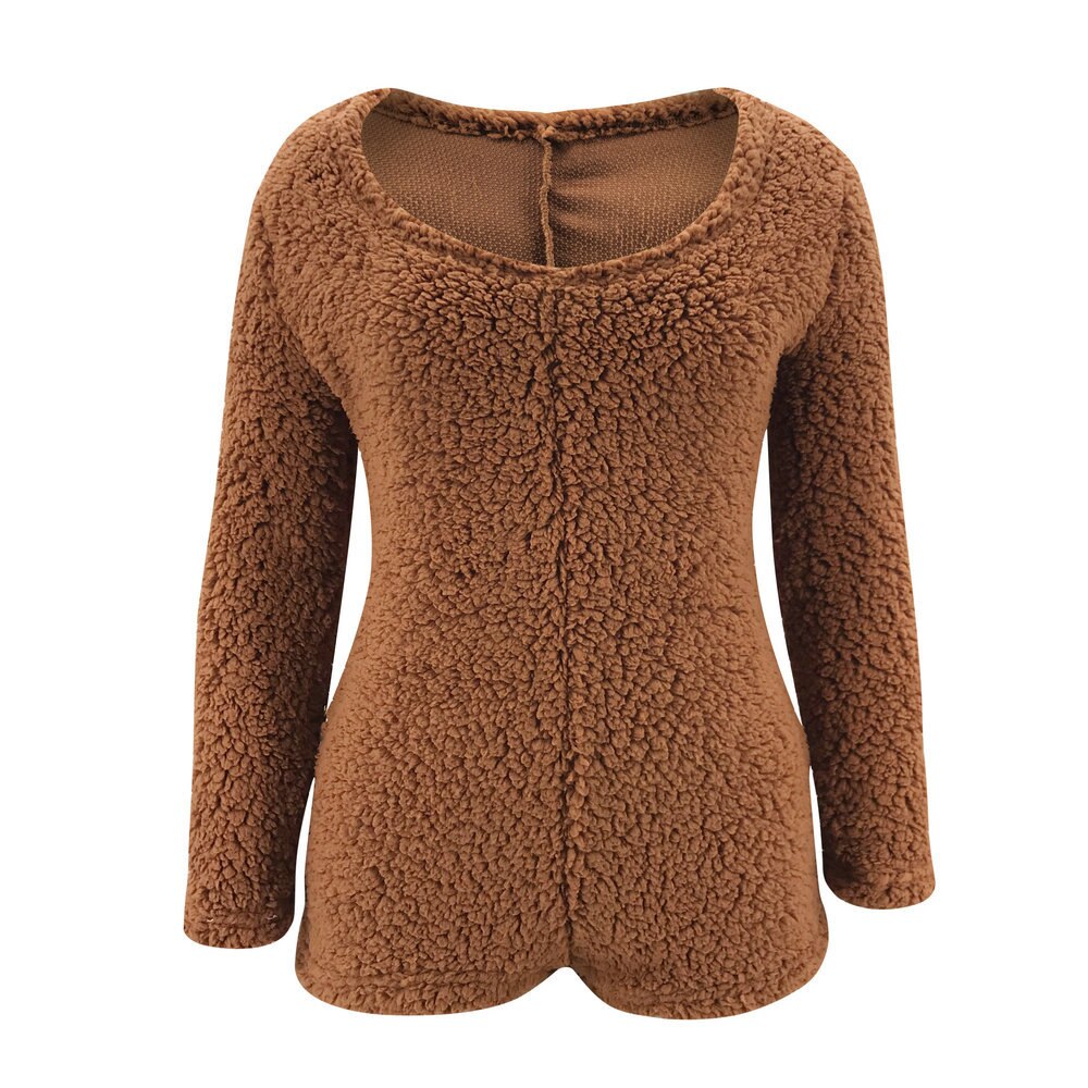 Women's Playsuit Plush Romper Long Sleeve Fluffy Bodycon Ladies Autumn Winter Casual Homewear Short Jumpsuit Overalls