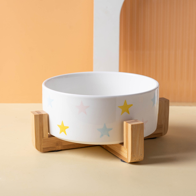 Ceramics Dog Bowl with Wood Mat Wide Mouth Feeding Bowls Food and Water Pet Feeder for Cat Puppy Protecting Cervical Spine: M / Yellow