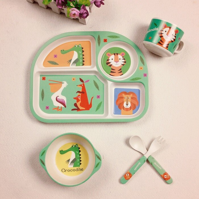 5 stuks babyservies van bamboevezel, babybord, kinderen, cartoon, scheidingsbord, kom, vork, lepel, beker, voedingsbenodigdheden: 008