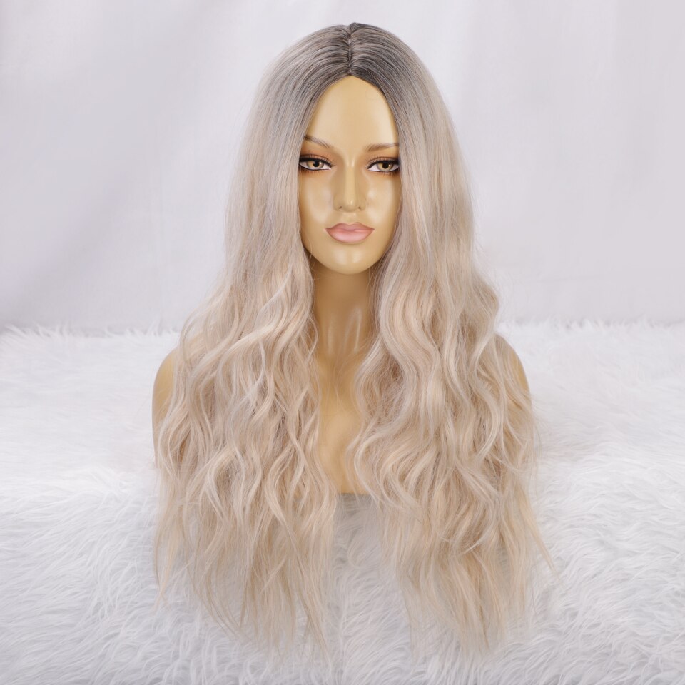 Krachtige Lange Golvende Pruiken Ombre Platina Blon Natuurlijke Haar Deel Synthetische Pruiken Voor Vrouwen Lijmloze Cosplay Hittebestendige Party Pruik: R9-30-88