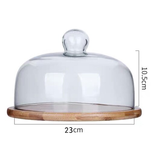 Plateau à gâteaux en bois avec couvercle en verre, plateau à Dessert, à pain, à collation, pour la conservation de la fraîcheur, couvercle Anti-cendres, plateau de stockage des aliments ménagers,: 23cm-E