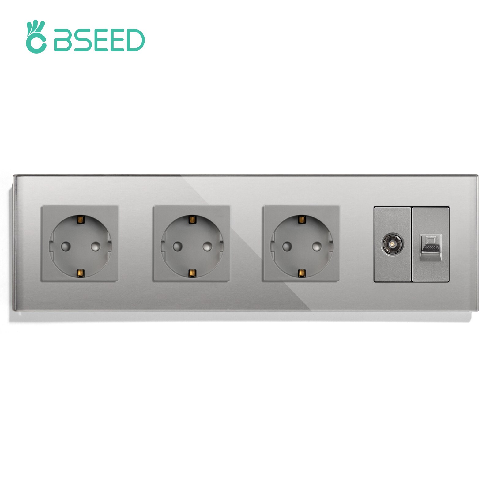 BSEED-Enchufes de pared dobles, estándar europeo, cuatro marcos, TV, PC, Internet, Panel de cristal, Blanco, Negro, oro, estándar de la UE: Gray