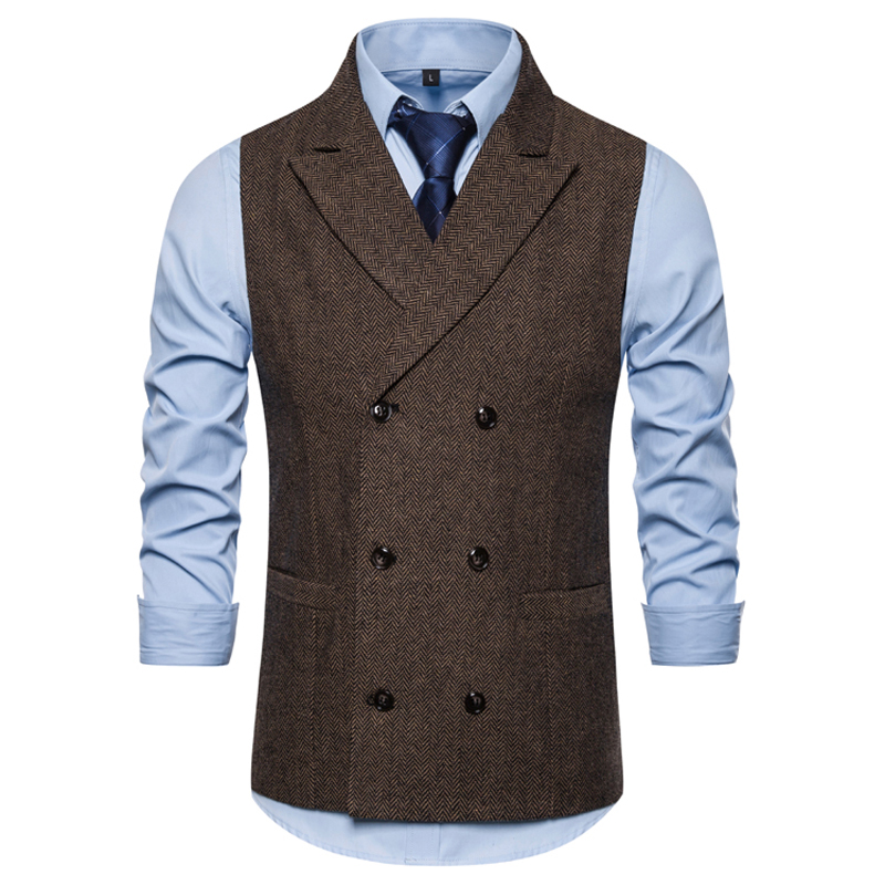 Mode Tweed Double Breasted Pak Vest Mannen Piek Revers Heren Smoking Vest Business Trouwjurk Vest Gilet Homme: Coffee / L