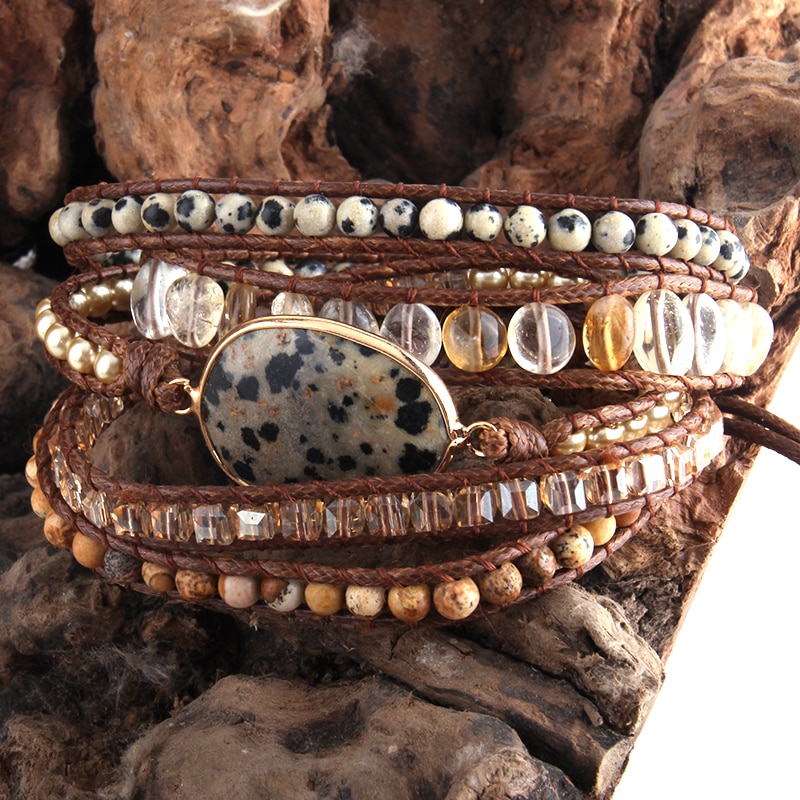 RH Boho Jewelry Armbander DalmatianJasper Natural Stones Charm 5X Woven Wrap Bracelets