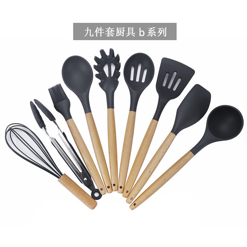Silicone Cooking Utensil Set Wooden Handle Spatula Soup Spoon Brush Ladle Pasta Colander Non stick Cookware Kitchen Tools: B-9