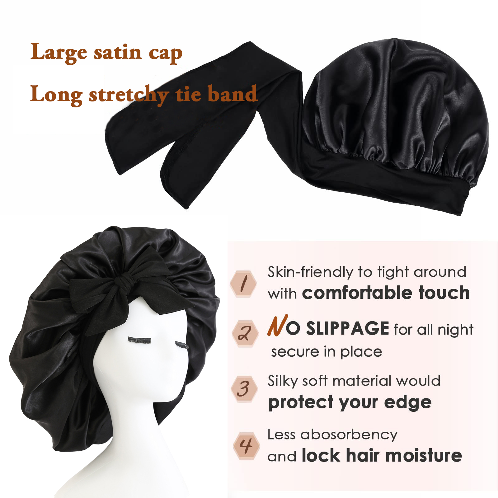 Silk Bonnet for Sleeping Women Satin Bonnet Hair Bonnet night sleep cap scarf wrap for curly hair With Tie Band for Curly Gi
