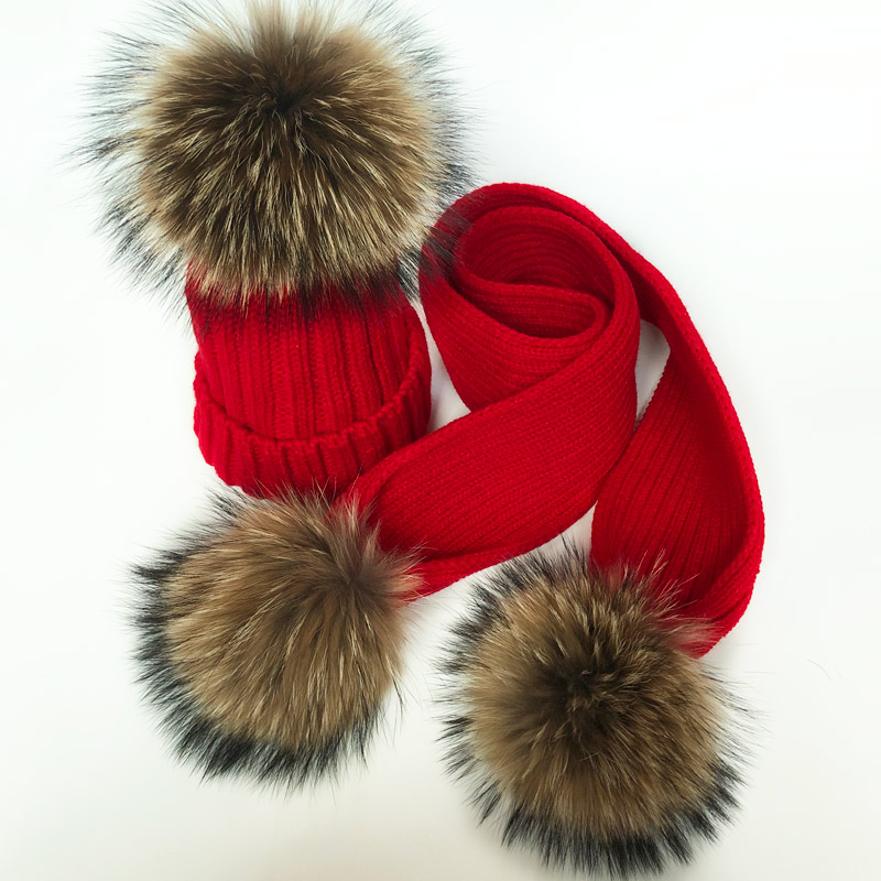 Ouder-kind Winter hoeden Schattige Baby bont Pompon Hoed Sjaal Sets Echte Natuurlijke Haarbal Caps Moeder Kinderen Warme Gebreide Hoeden Winter Bea
