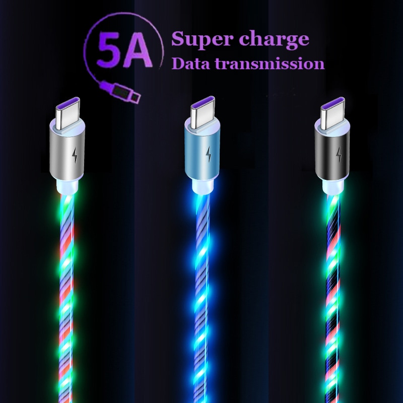 5A Type C USB Cable QC3.0 Fast Charging Wire Mobile Phone Flowing Light Micro USB Cable For Samsung Type-c Charging Phone Cable