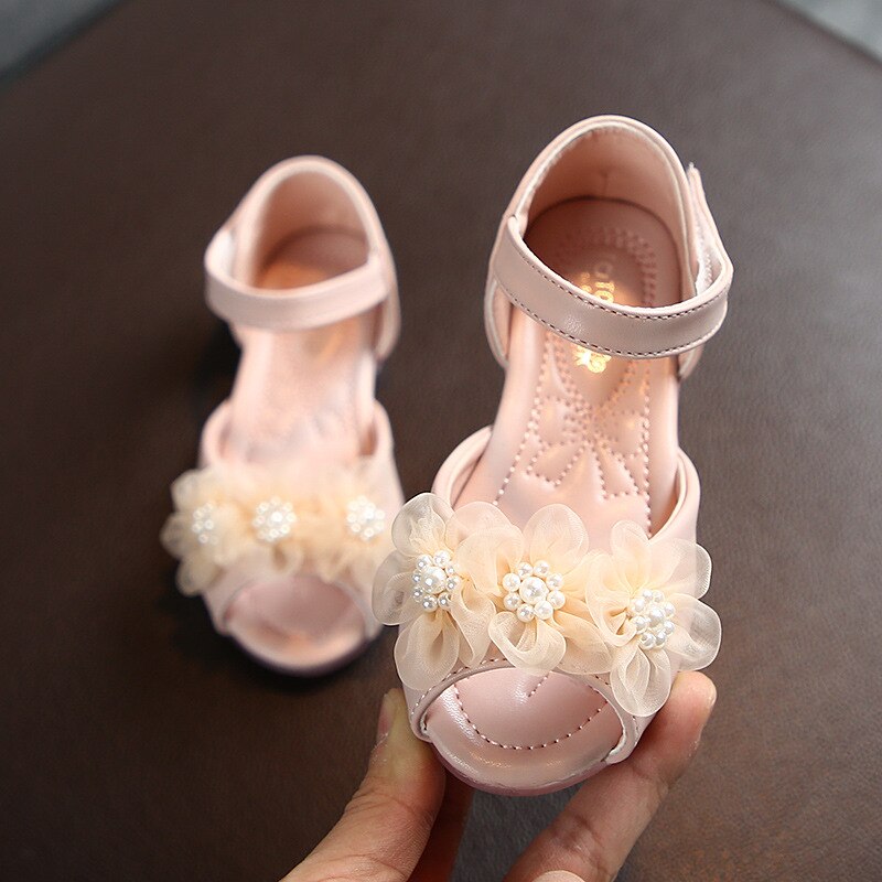 Kids Toddler Baby Shoes Summer Little Children's Flowers With Pearls Open Toe Half Sandals Casual Soft Girls Shallow Lace Flats