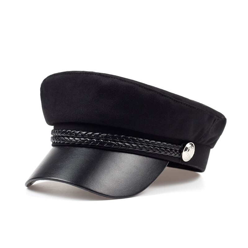 2019 chapeaux pour femmes, printemps, 100%  chapeaux en coton bleu marine, cuir noir, couronne fixe, boucle argentée, chapeau chaud d'hiver, bérets, casquette: Noir