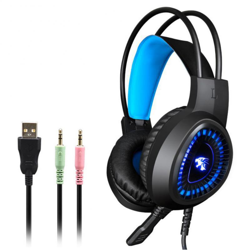 Gaming Headset Gamer Headphones 7.1 Surround Sound Stereo Earphones USB Microphone Breathing LED Light PC Gamer: Blue 3.5mm