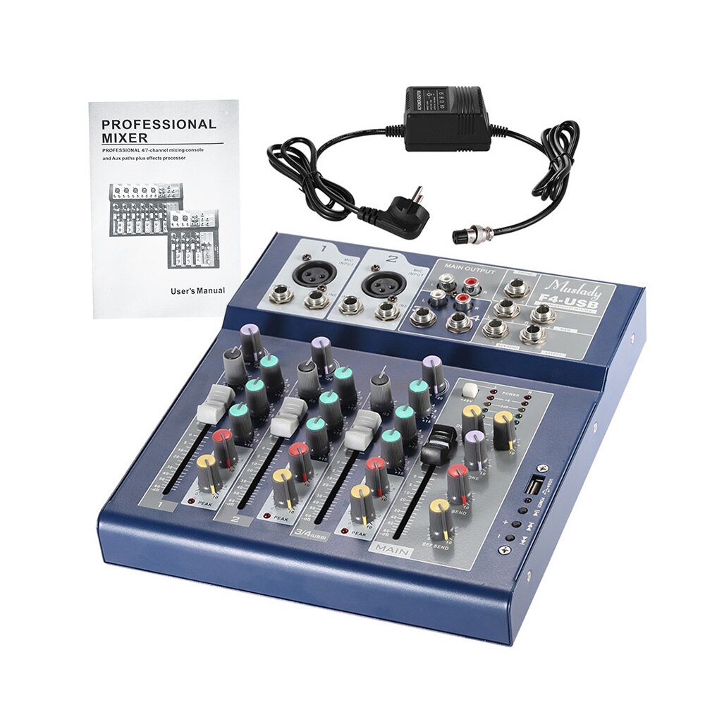 Muslady F4 Professionelle Metall 4 Kanal Live Mixing Konsole 3-Band EQ USB Funktion 48V Phantom mit bulit-in Wirkung