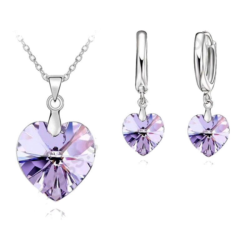 Romantische Violet Sw Kristal Oceaan Hart 925 Sterling Zilveren Hanger Ketting Earring Sieraden Set Met Lever Terug Earring