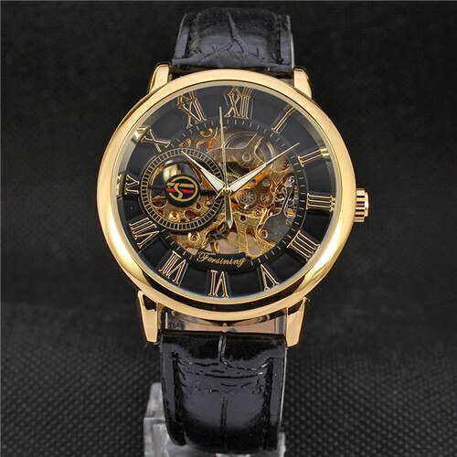 Forsining 3d logo holle graveren black gold case skeleton mechanische mannen horloges heren lederen band heren horloge: Gold Black