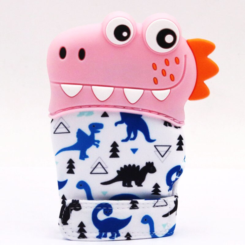 Baby Silicone Mitts Teething Mitten Glove Sound Teether Newborn Chewable Nursing Mittens Teether Natural Stop Sucking Thumb Toy: Pink Dinosaur