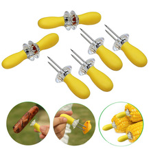 8pc Plastic Corn holders w/ Stainless Twin Prong Barbecue Fork Fruit Snack Picker Portable BBQ Forks Skewer Kitchen Utensils