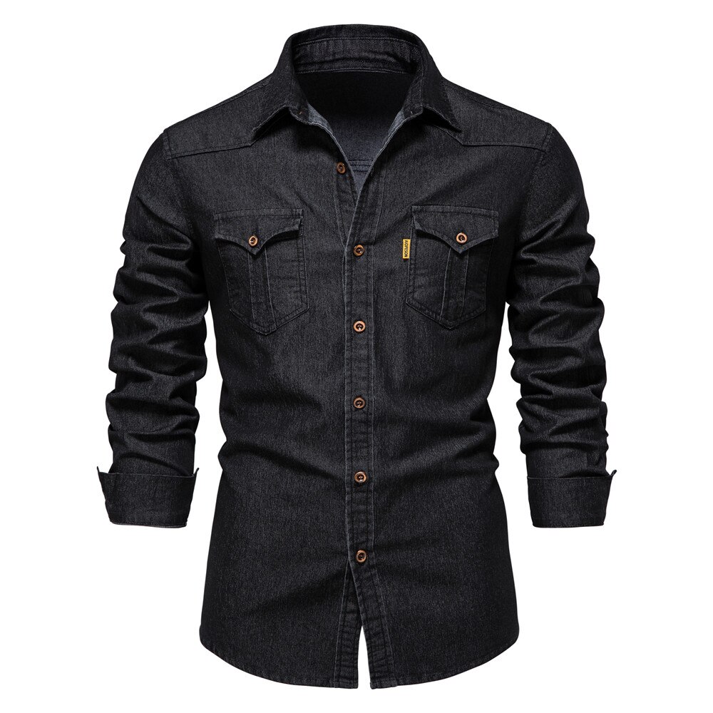 AIOPESON camisa vaquera de algodón elástico para hombre manga larga camisas vaqueras de para hombres corte ajustado informal ropa de para hombre: Black / USA M 60-70 kg