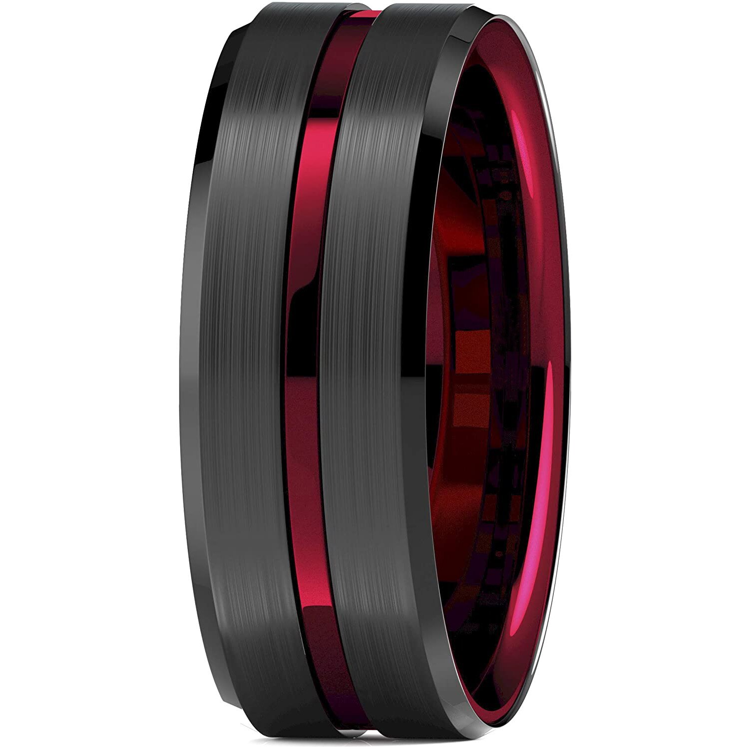 Men's 8MM Black Brushed Ladder Edge Tungsten Steel Ring Red Groove Wedding Ring Men’s Valentine