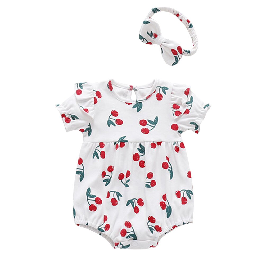 Body de manga corta con estampado de cereza para bebé, Pelele de princesa fruncido, mono con Estampado de cereza, diadema estampada, mamelucos para niño: Blanco / 18 meses