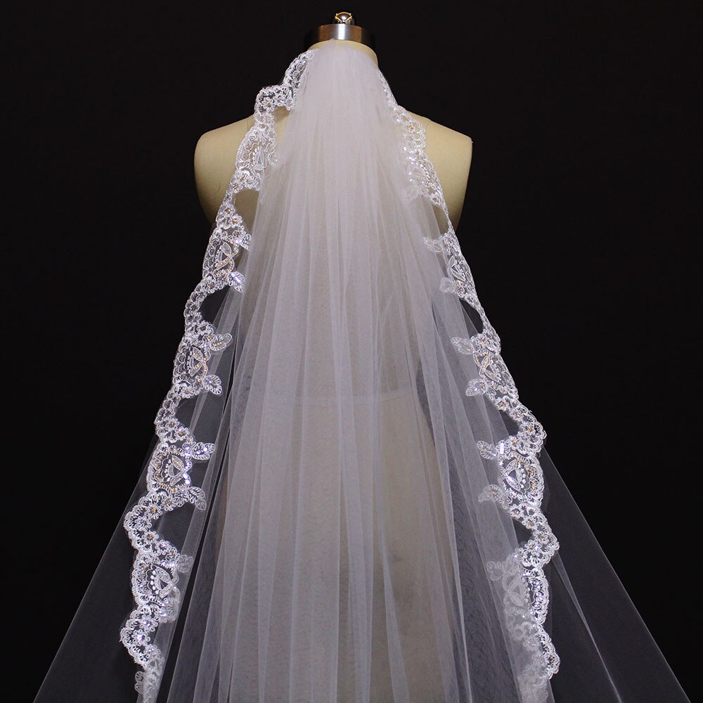 velo de lujo de una capa de 4 metros con lentejuelas brillantes y bordes de encaje, velo largo de boda con peine de , velo de novia blanco color marfil