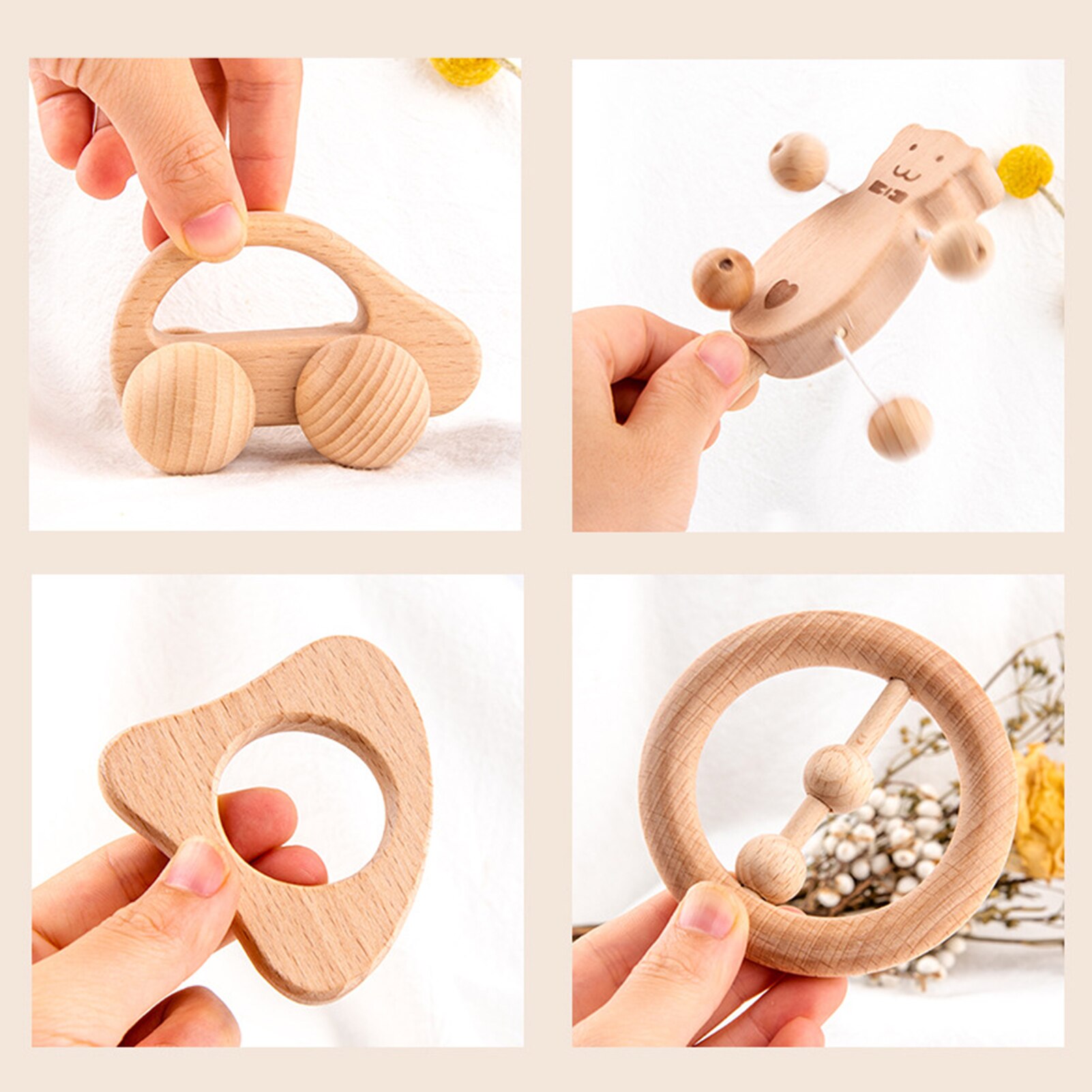 Puzzle Baby Toy Wooden Dog Car Shape Teether Bell Rattles Handle Children