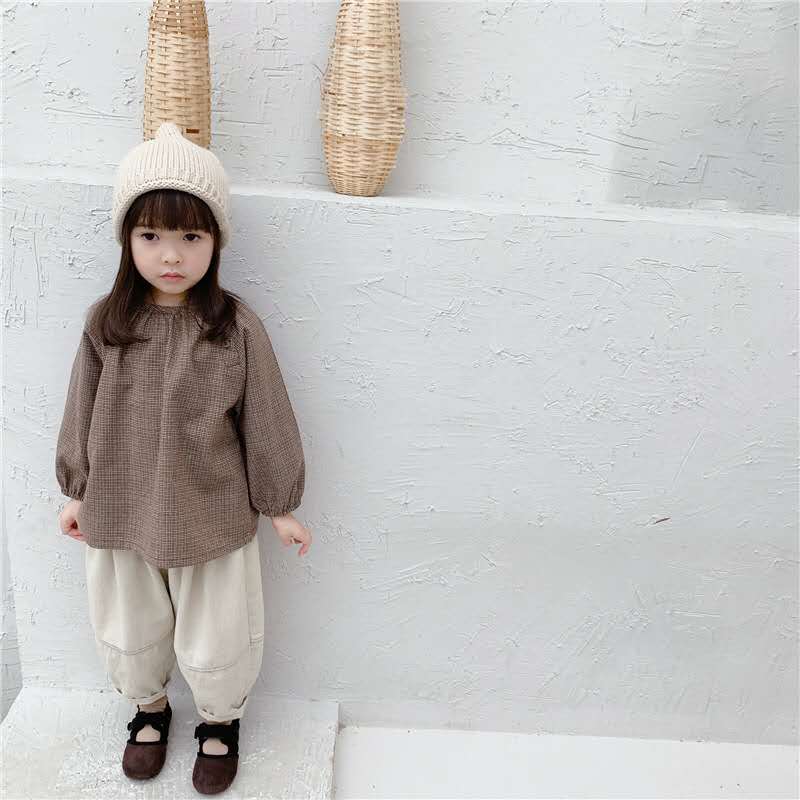 Kinderherfstproducten meisjes herfstkleding koreaanse stijl pofmouw geruit overhemd met lange mouwen overhemd