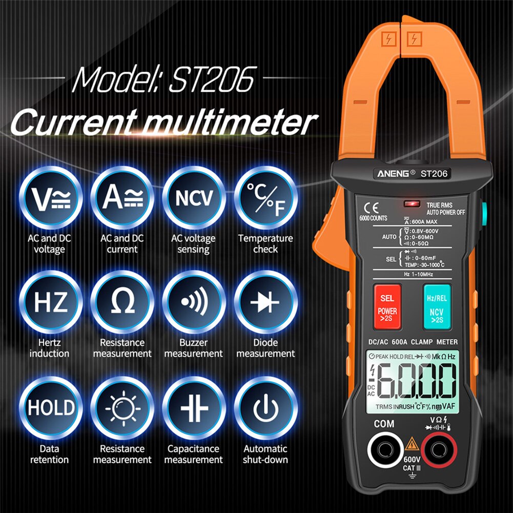 Aneng ST206 Dc/Ac Stroomtang Meter Digitale Multimeter Klem 6000 Counts True Rms Amp Voltmeter Amperimetro Tester Meten