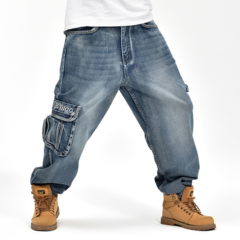 Cholyl hip herre baggy blå multi lommer cargo jeans mandlige løse skateboard denim bukser 30-46 store størrelse – Grandado