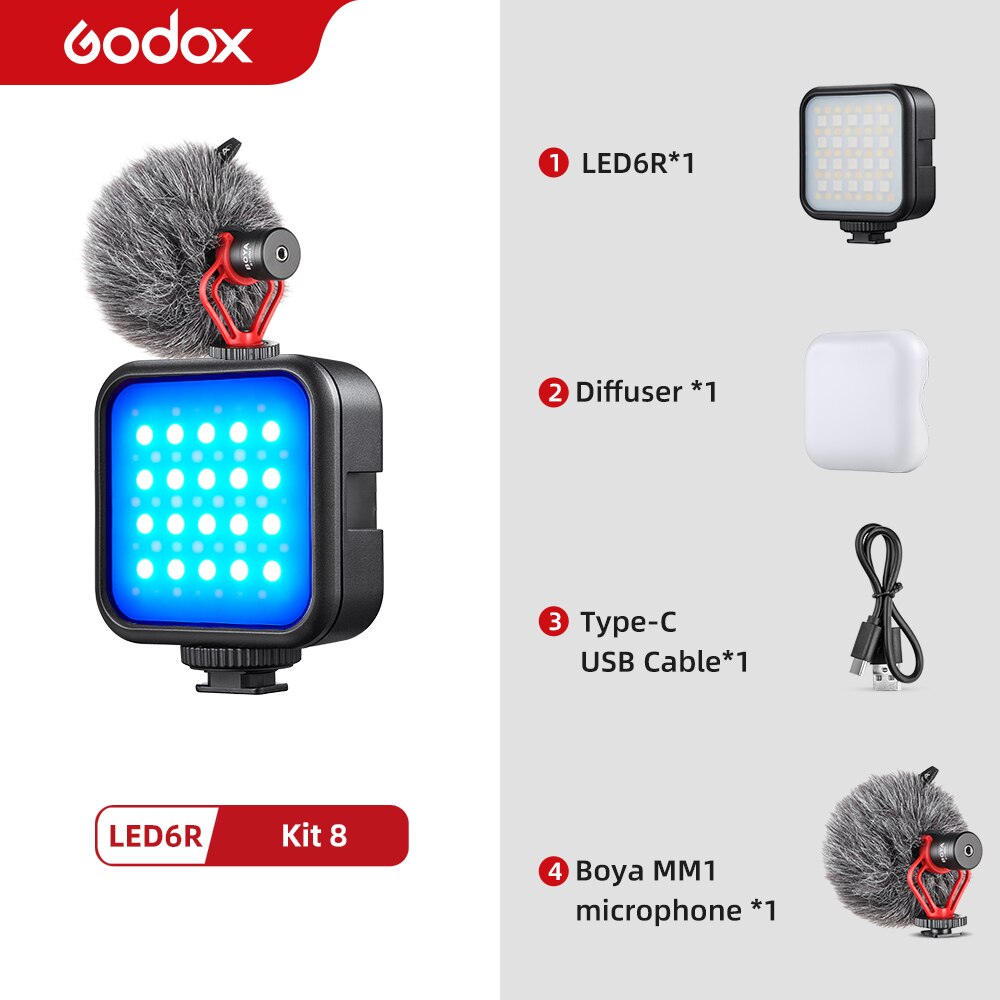 Godox LED 6R RGB Video Licht, dimmbar 0-360 Voll Farbe 3200K-6500K 13 FX Effekte Gebaut-in 1800mAh Li-Ion batterie für Video Licht: Bausatz 8