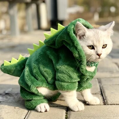 Pet Cat Clothes Funny Dinosaur Costumes Winter Warm Plush Cat Coat Small Cat Kitten Hoodie Puppy Dog Clothes: Green / S