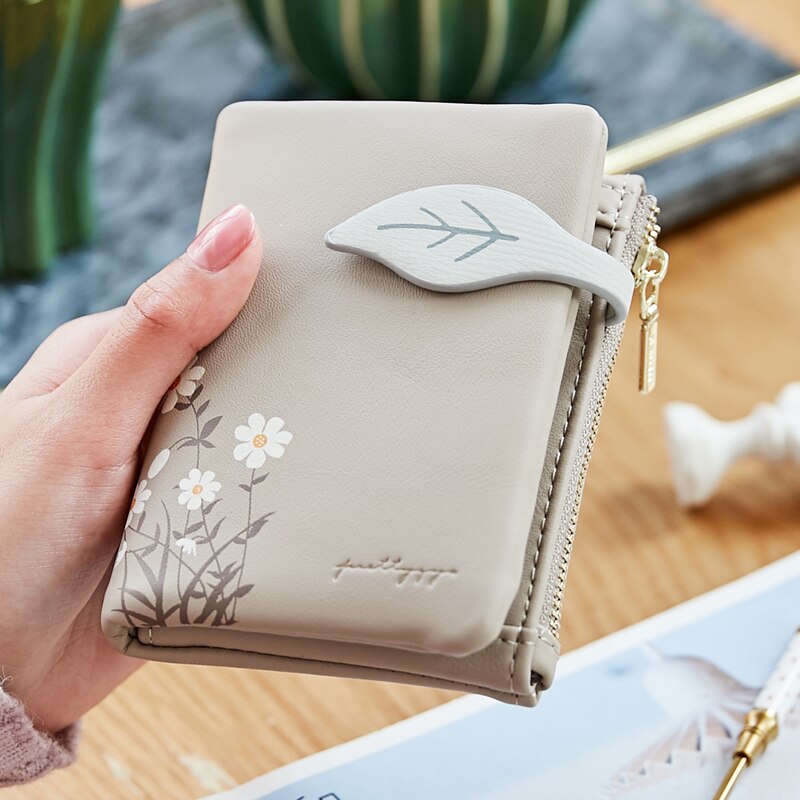 Women Wallet Leaf Pattern Hasp Ladies Purse soft pu Leather Small Short Wallets Female Zipper Coin Purse: Khaki