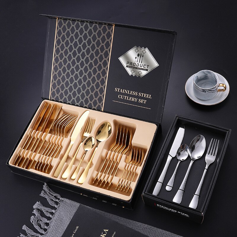 6Set/24Pcs Luxury Flatware Box Set Wedding Banquet Year Family Dinner Cutlery Set Stainless Steel Tableware Set