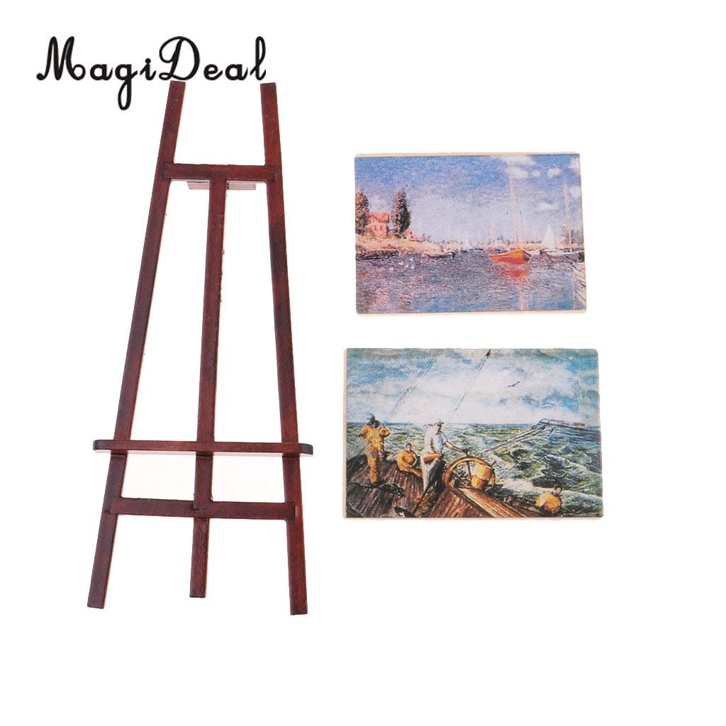 1:12 Dollhouse Miniatures Artist Easel with 2 Paintings Pictures Home Decoration