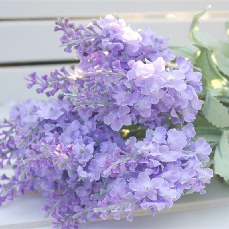 10 hoveder / buket romantisk provence kunstig blomst lilla lavendelbuket med grønne blade til dekoration i haven