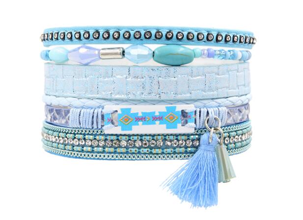 STRATHSPEY Etnische Kwasten Sieraden Armband Vrouwen multi-layer Lederen Touw Strass Magneet Sluiting Bangle Bracelete Feminino Blauw: Blue Color