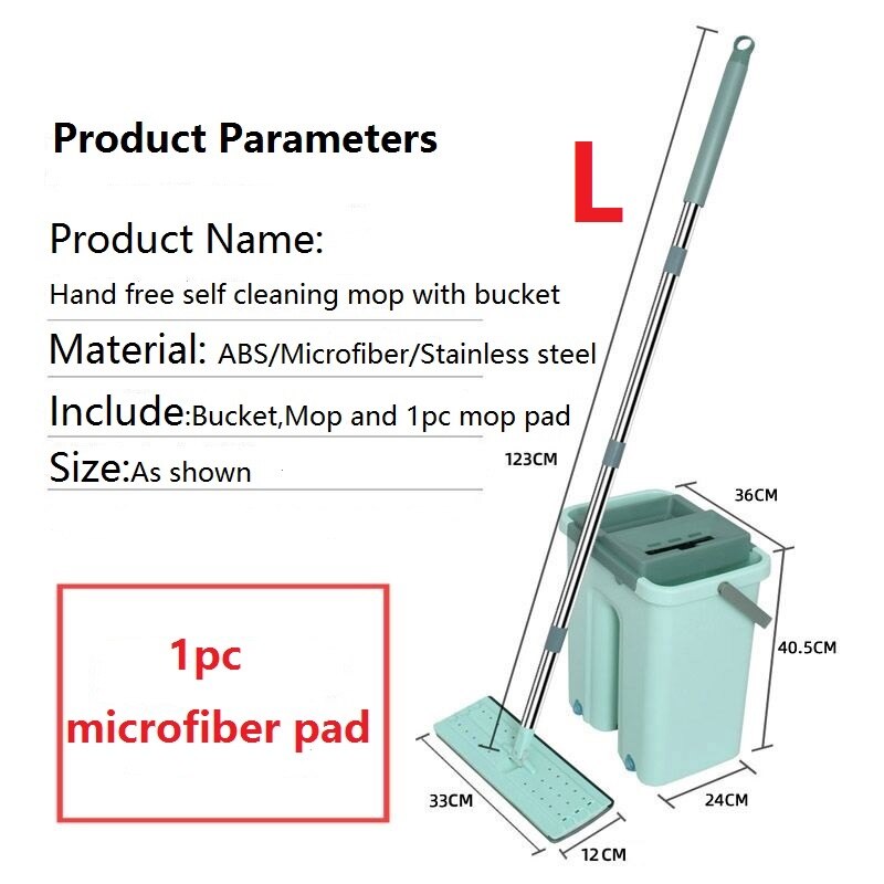 Mikrofiber flad squeeze moppe og spand til gulvrengøring 360 roteret hoved selvrensende mop spandesystem med genanvendelige pad: Stor