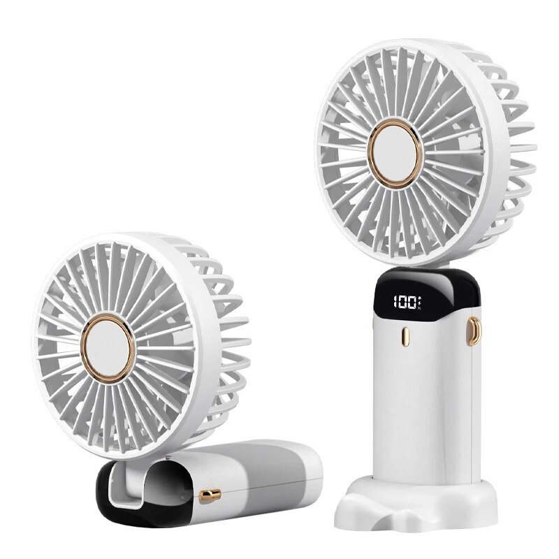 Mini ventilador portátil dobrável usb para pendurar no pescoço, ventilador recarregável de 5 velocidades com suporte para telefone e tela de exibição: BRANCO