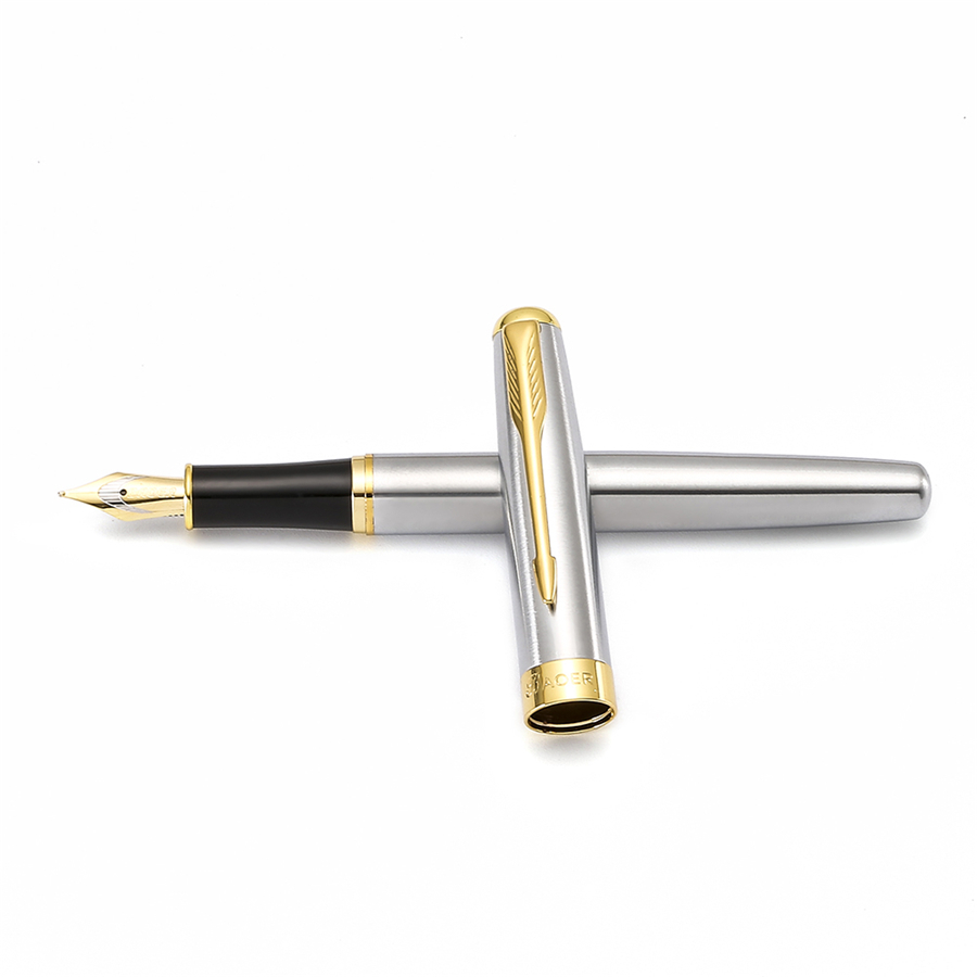 Elite Fountain Ink Pen, Gold Arrow Clip Metal Steel Polished Barrel, Medium Tip, Baoer 388 Office Signature School Student A6298: Silver