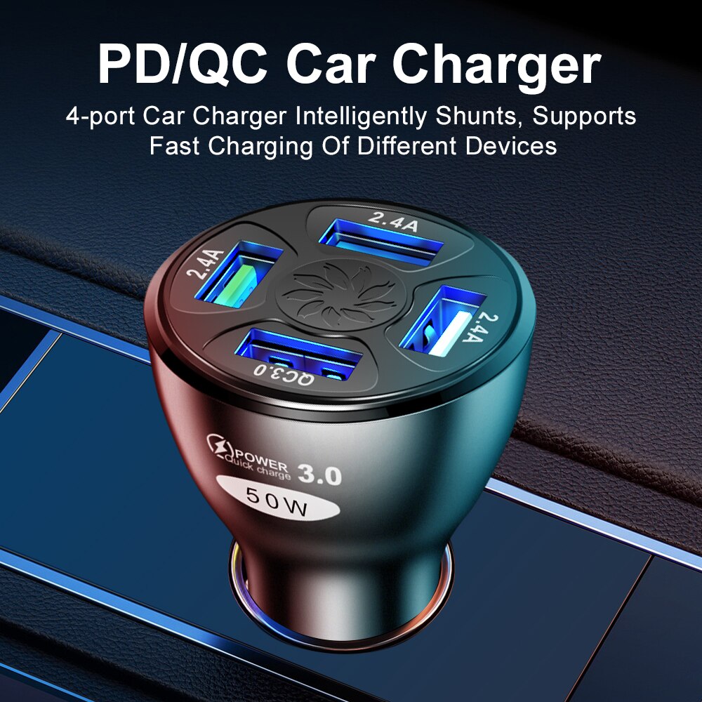 Schnell Ladung Auto Ladegerät 50W 4 USB QC 3,0 4,0 LED Schnelle Auto Zigarette Leichter praktisch USB Ladung für iPhone Samsung Huawei