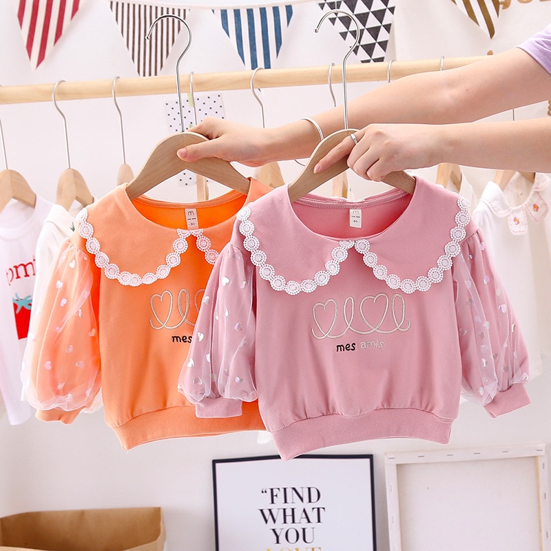 Baby Meisjes Zoete Kant Trui Herfst Mode Baby Meisje Revers Leuk Overhemd Kinderkleding Kinderen Lange Mouw katoen