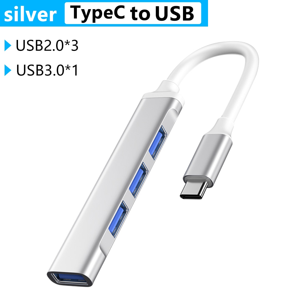Tyyppi c usb c hub telakka 3.0 3.1 4 porttinen monijakaja sovitin otg lenovolle huawei xiaomi macbook pro 15 air pro tarvikkeet: Tyypin c hopea