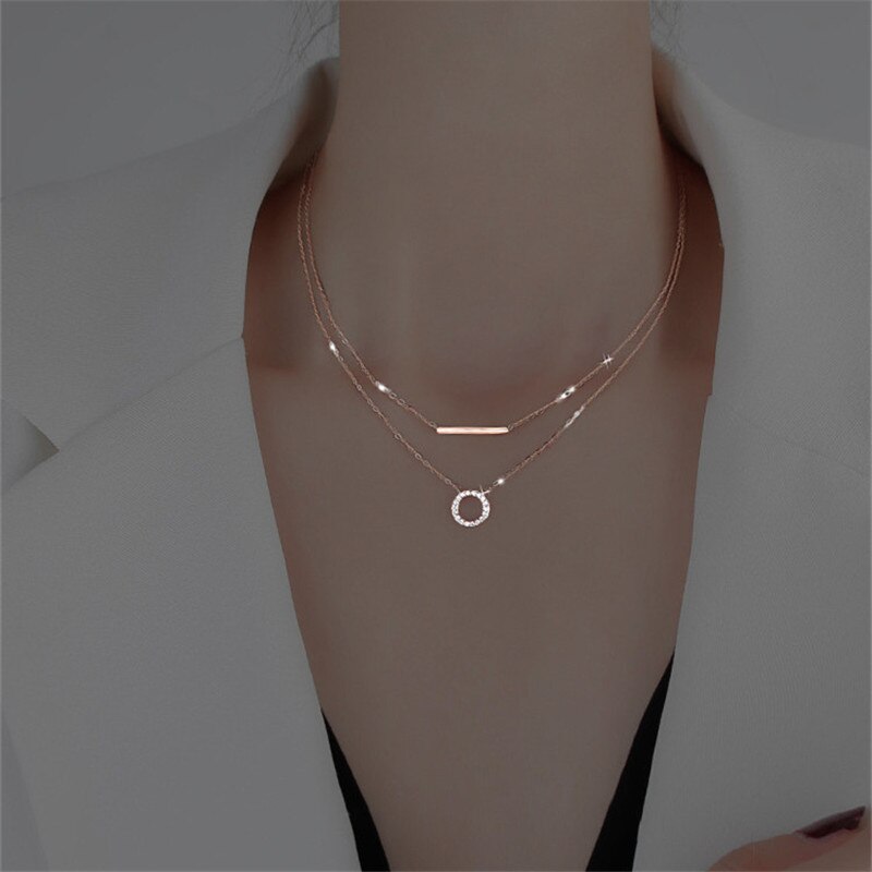 925 Sterling Zilver Geometrische Choker Ketting Voor Vrouwen Eenvoudige Dubbele Lagen Ronde Stok Bar Sleutelbeen Chain Party Accessoires: rose gold