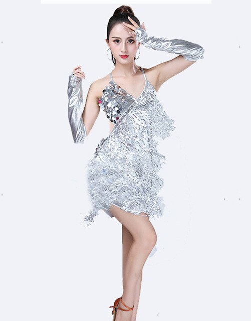Traje de baile latino con lentejuelas para mujer, vestido de brillante, vestidos de baile de Samba, Rumba, Tango, Salsa, Cha, etapa, vestido de LatinDress para adultos: Plata