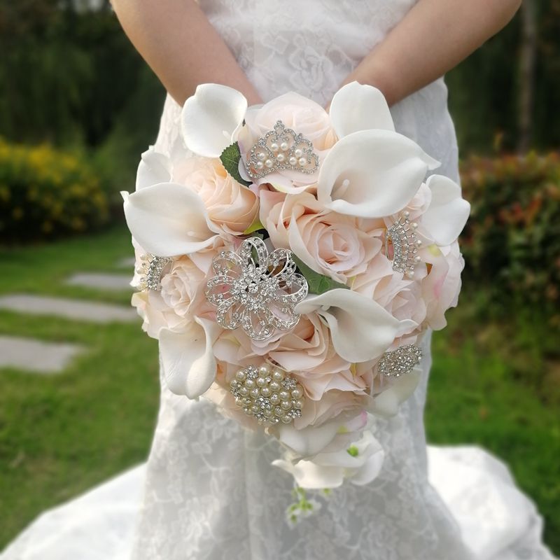 Roze Bruidsboeket Cascading Bruiloft Bloemen Witte Calla Lelie Bruidsboeket Bloem Ramo De Novia Boda