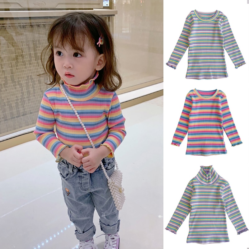 Strepenprint kinder t-shirts babymeisjeskleding print katoenen t-shirts met lange mouwen regenboog voor meisjes babykleding 1-6t
