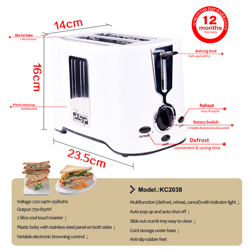 DSP KC2038 Broodrooster 750 W Brood Maker 2 Plakjes Warm Rvs LinerHousehold Broodbakmachine Voor Ontbijt