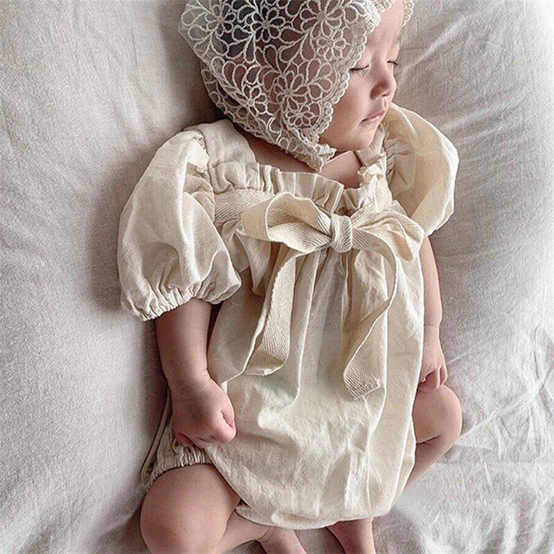 Pelele de verano para bebé y niña, monos de princesa con lazo Floral sólido dulce para recién nacido, ropa de algodón de manga corta para niños
