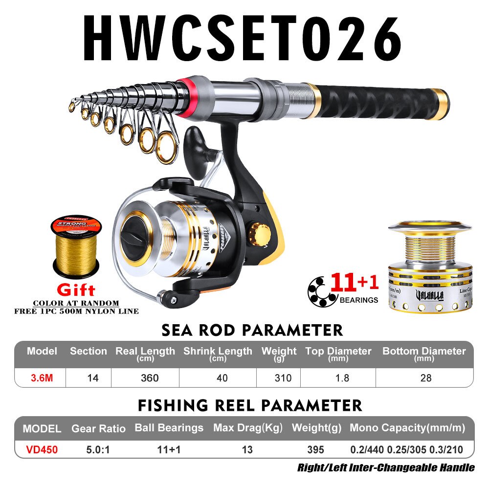 1.8-3.6m carbon teleskopfiskestang og 11bb fiskehjuls hjul bærbar rejse fiskestang spinnende fiskestang kombination: 3.6m hwcset 026