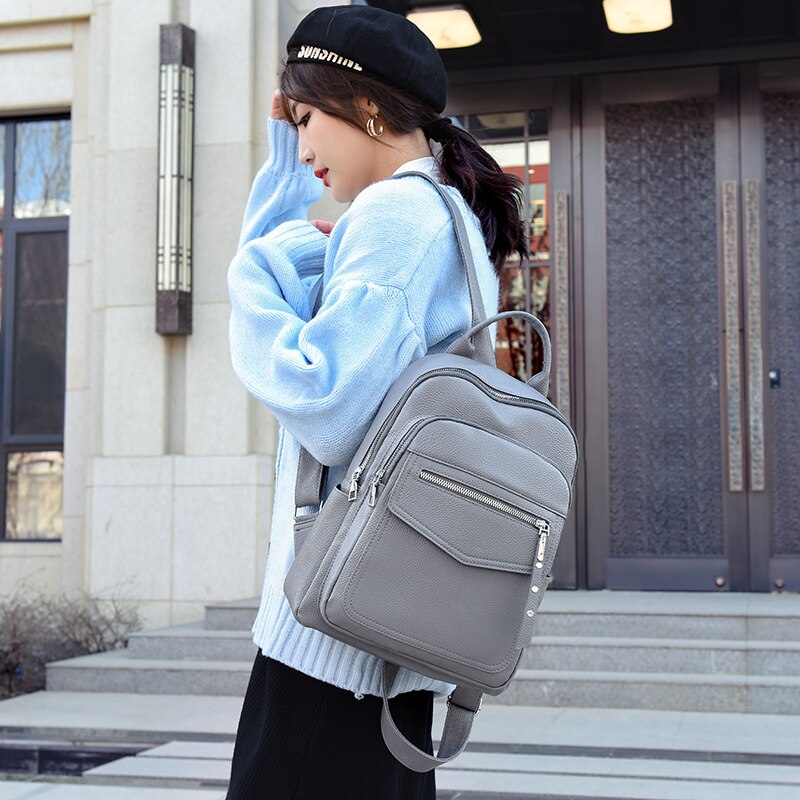 Rugzak Voor Vrouwen Dames Pu Lederen Rugzak Mode Dagelijkse Tas Duurzaam Grote Capaciteit Voor Winkelen Grijs